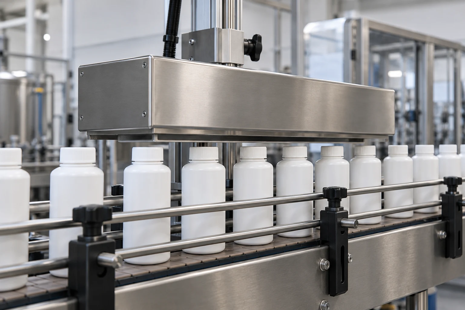 Illustrative induction sealing head and capped-bottle conveyor setup