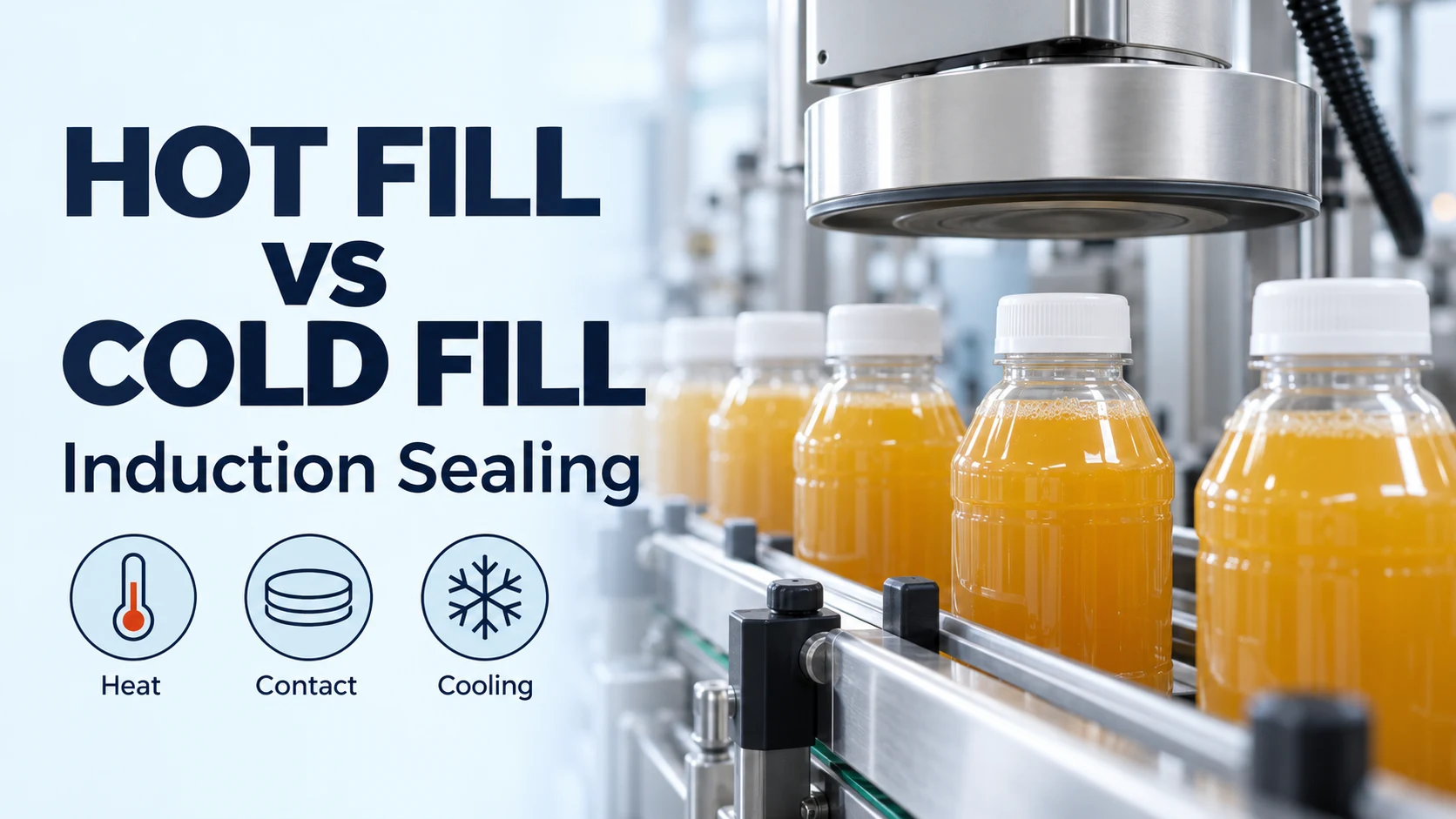 Hot-fill and cold-fill induction sealing banner with capped bottles and heat, contact and cooling icons